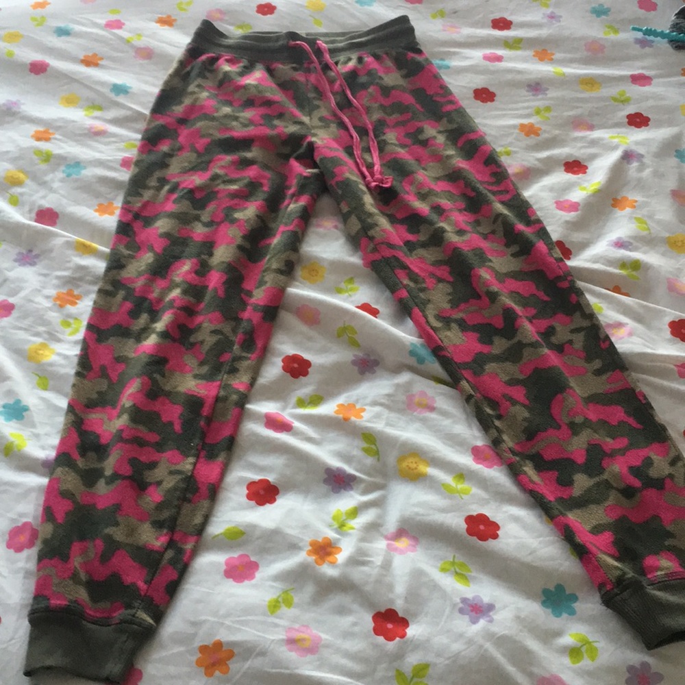 Pink and green camo pajama bottoms